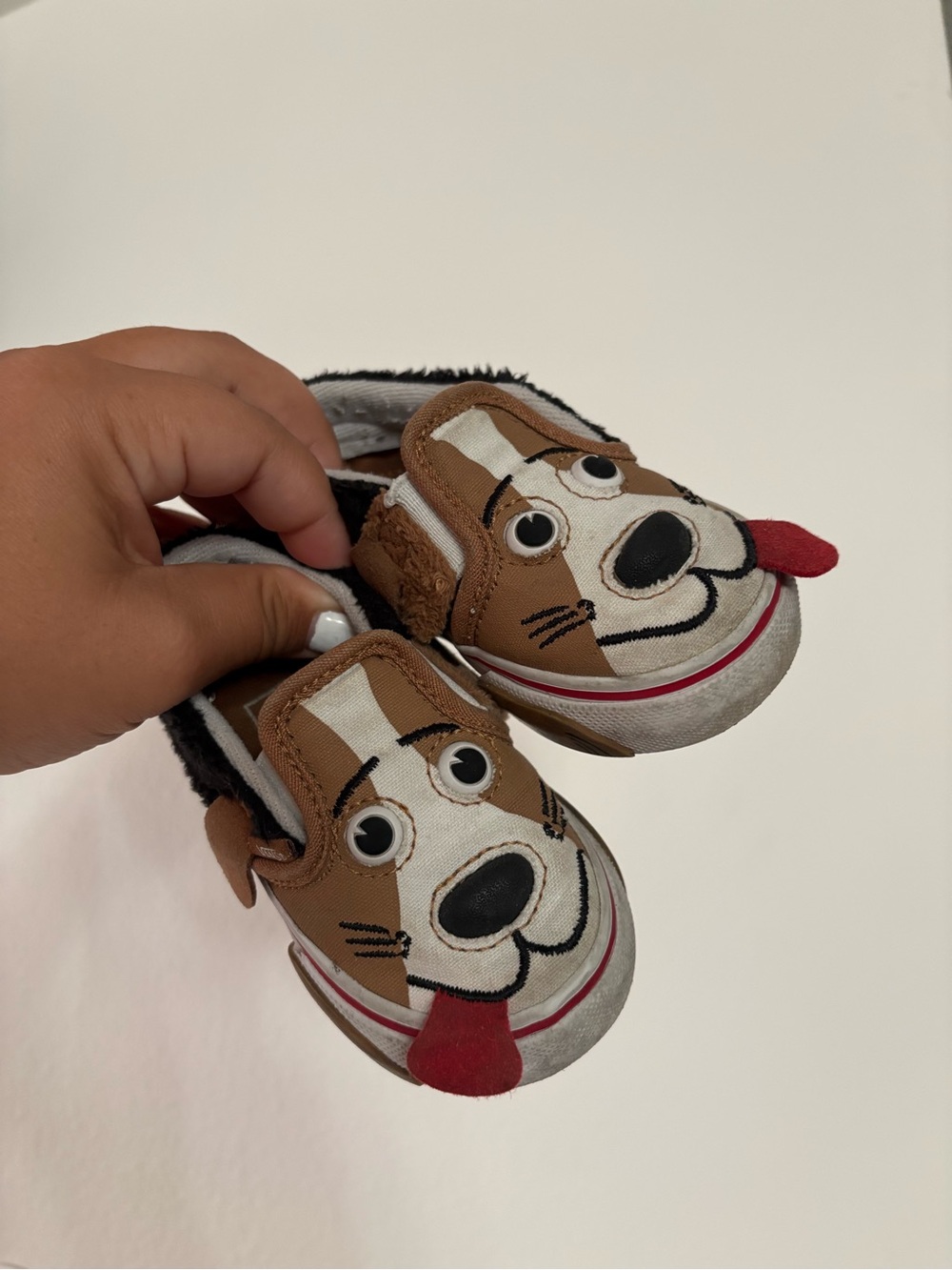 Vans Kids Brown and White Dog Face Slip-Ons with Red Tongue